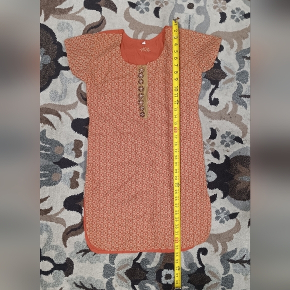 Orange Tunic Top Hand Beaded Bohemian Shirt Twill Embroidery Accent Cap Sleeve S - Picture 5 of 10